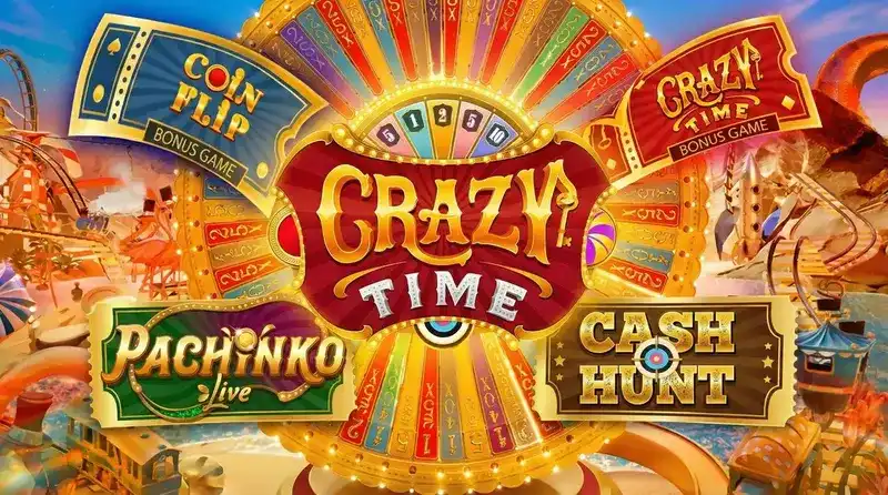 Crazy Time live game show — all four bonus games: Coin Flip, Cash Hunt, Pachinko, Crazy Time